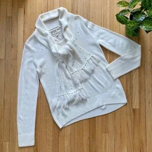 Debbie Morgan V-Neck Rhinestone Sweater with Detachable Scarf White  Size PM